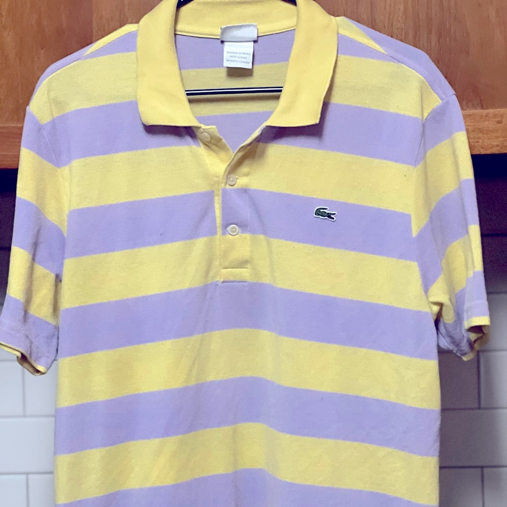Purple & yellow( Lakers colored) Lacoste shirt. Size 5( XL).
